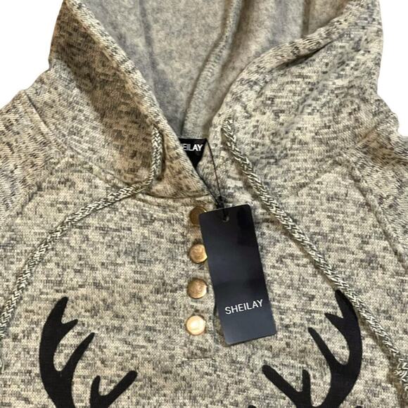NWT Christmas Reindeer Face Hoodie Womens Snap Drawstring Size XL RUNS LIKE L - Picture 4 of 6
